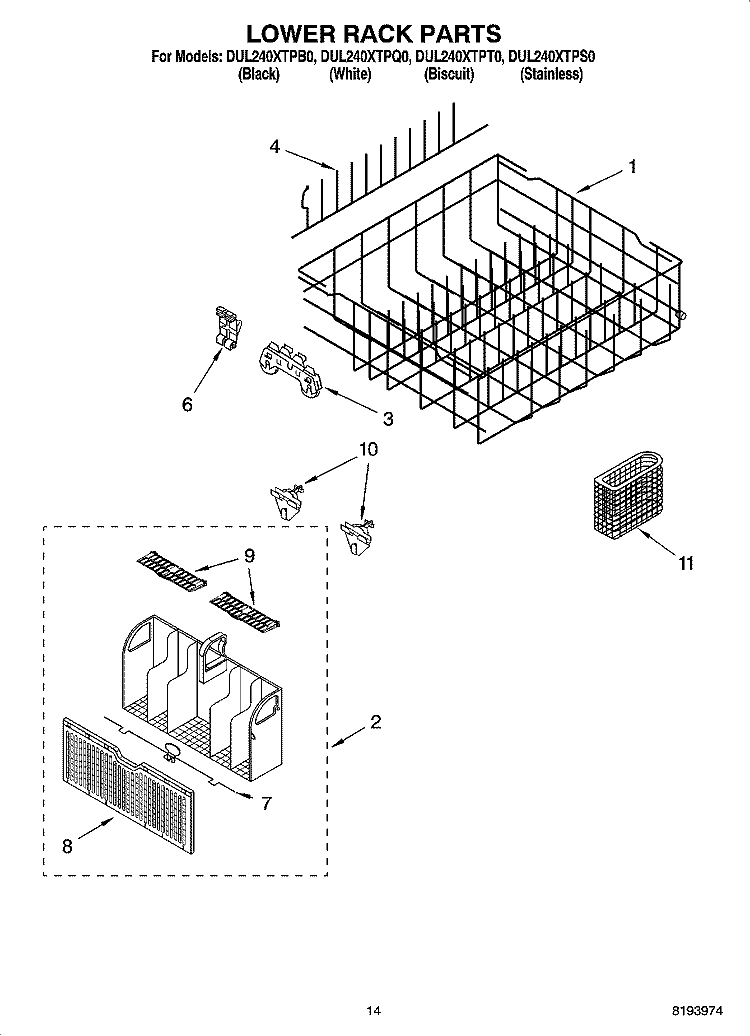 LOWER RACK PARTS, OPTIONAL PARTS (NOT INCLUDED) Diagram and Parts List for DUL240XTPQ0  Whirlpool Dishwasher