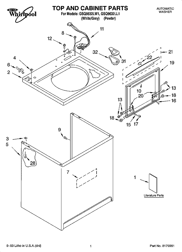 TOP AND CABINET PARTS Diagram and Parts List for GSQ9632LL1  Whirlpool Washer