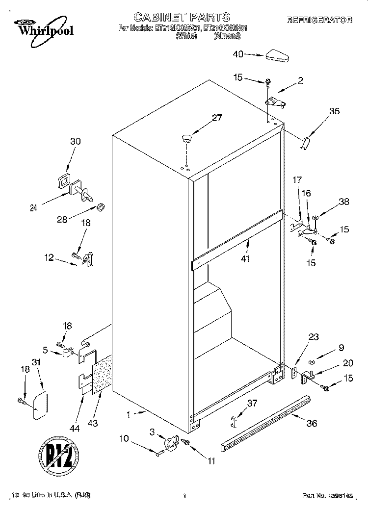 CABINET Diagram and Parts List for ET21GKXGW01  Whirlpool Refrigerator