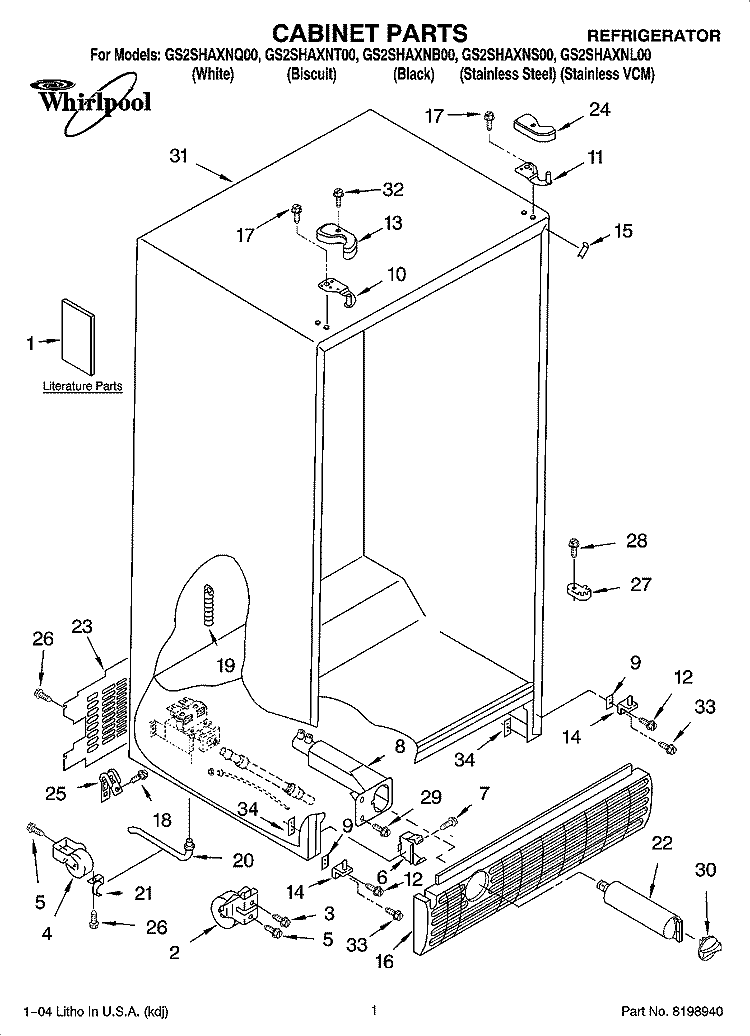 CABINET PARTS Diagram and Parts List for GS2SHAXNQ00  Whirlpool Refrigerator