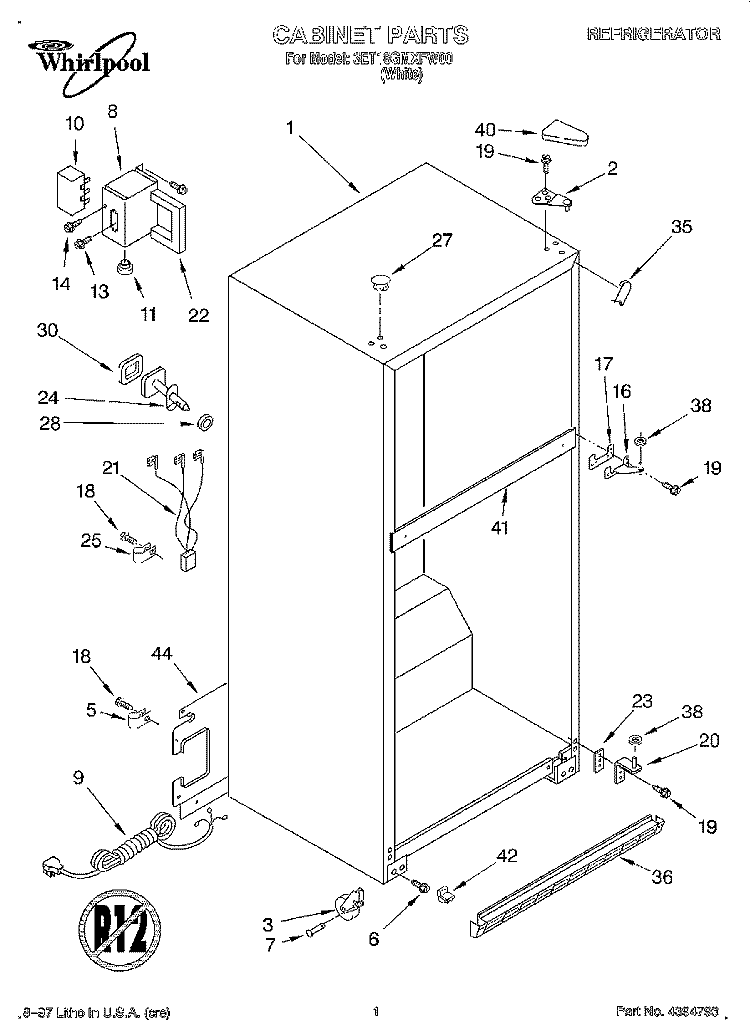 CABINET Diagram and Parts List for 3ET18GMXFW00  Whirlpool Refrigerator