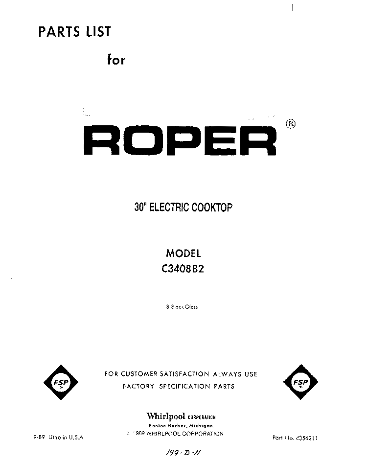 COVER Diagram and Parts List for C3408B2  Roper Range