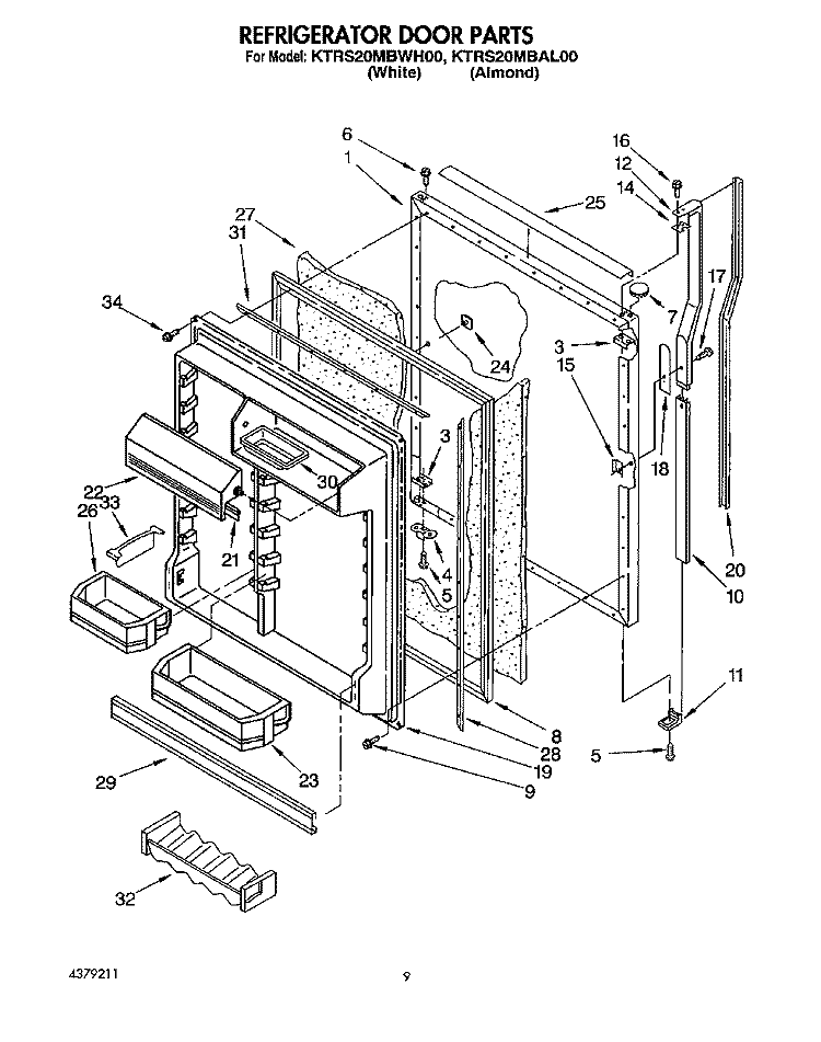 REFRIGERATOR DOOR Diagram and Parts List for KTRS20MBWH00  KitchenAid Refrigerator