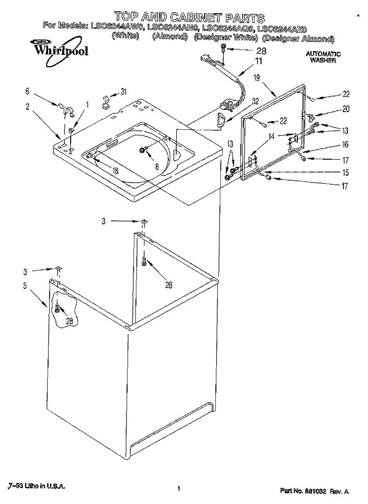 TOP AND CABINET, LITERATURE AND OPT Diagram and Parts List for LSC6244AZ0  Whirlpool Washer