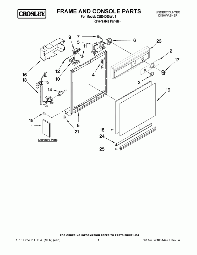 FRAME AND CONSOLE PARTS Diagram and Parts List for CUD4000WU1  Crosley Dishwasher