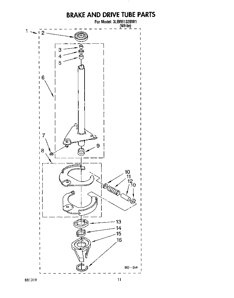 BRAKE AND DRIVE TUBE Diagram and Parts List for 3LBR5132BW1  Whirlpool Washer