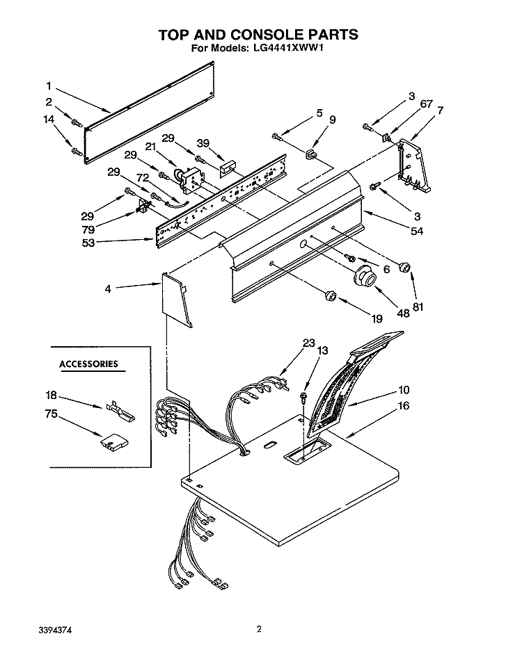 TOP AND CONSOLE, LIT/OPTIONAL Diagram and Parts List for LG4441XWW1  Whirlpool Dryer