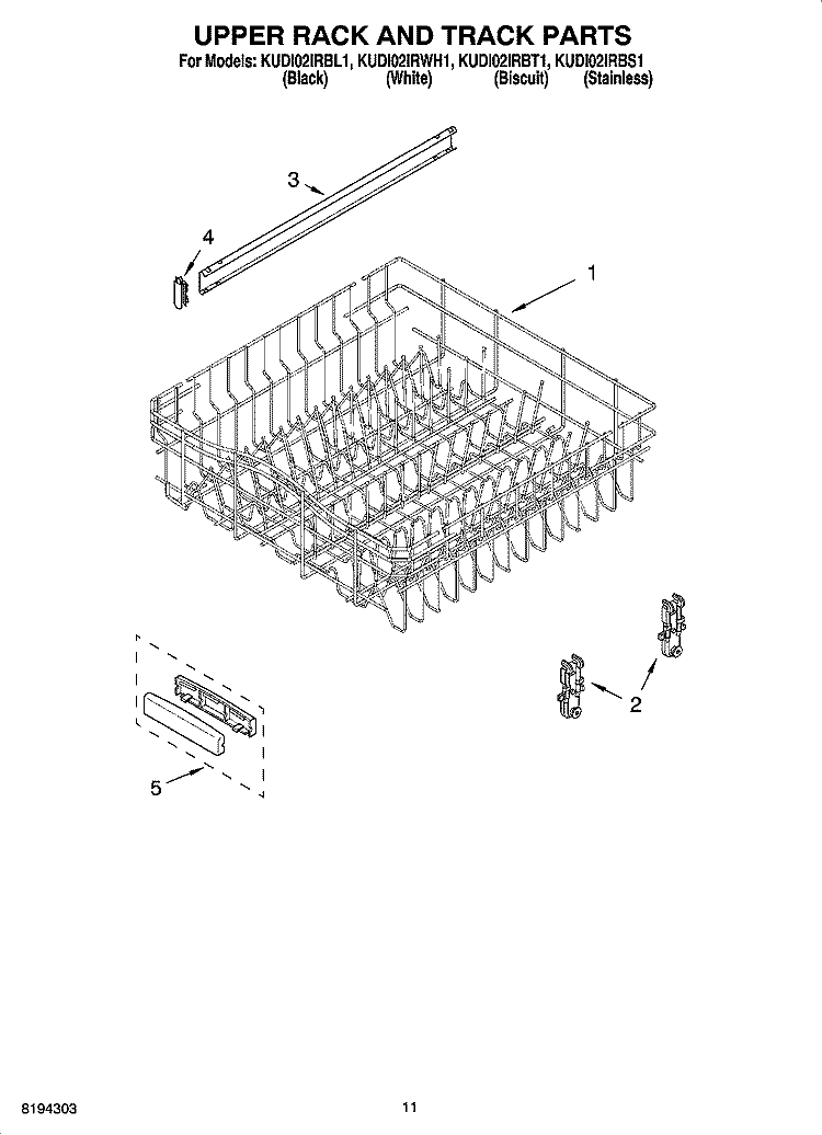 UPPER RACK AND TRACK PARTS Diagram and Parts List for KUDI02IRBT1  KitchenAid Dishwasher