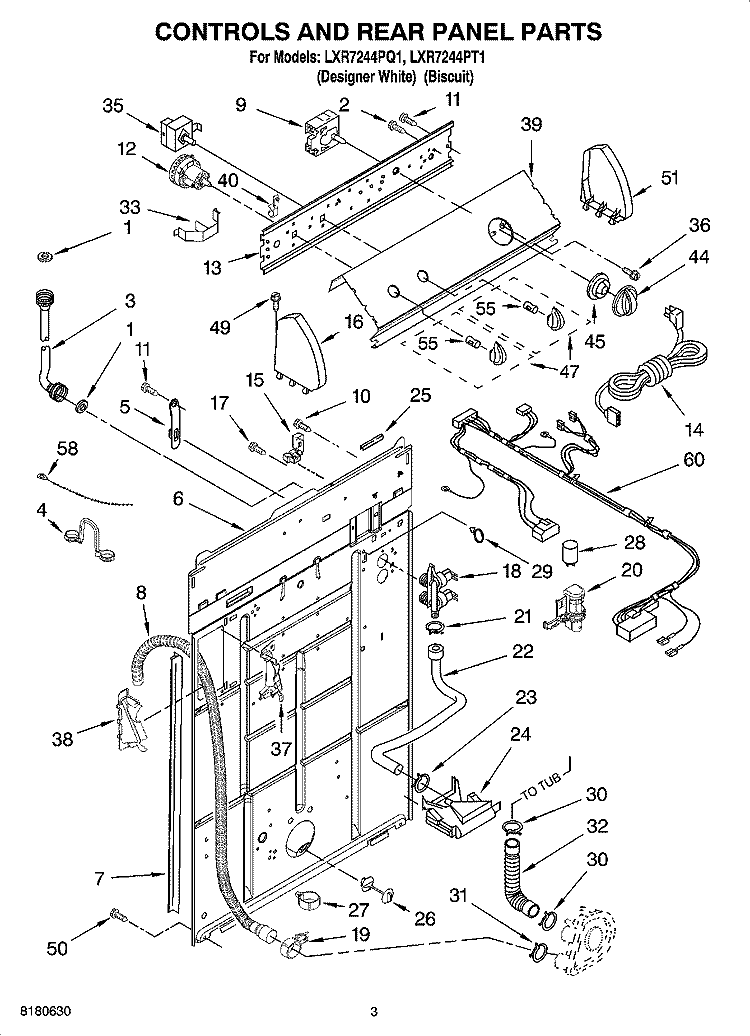 CONTROLS AND REAR PANEL PARTS Diagram and Parts List for LXR7244PQ1  Whirlpool Washer