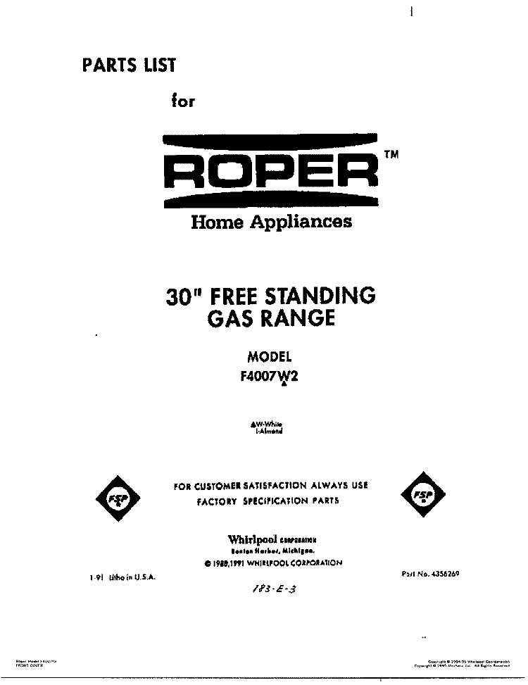 COVER Diagram and Parts List for F4007^2  Whirlpool Range