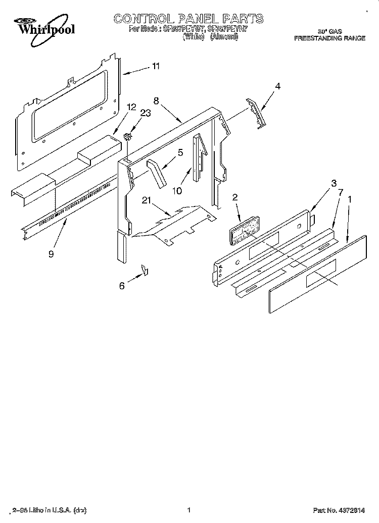 CONTROL PANEL Diagram and Parts List for SF387PEYN7  Whirlpool Range