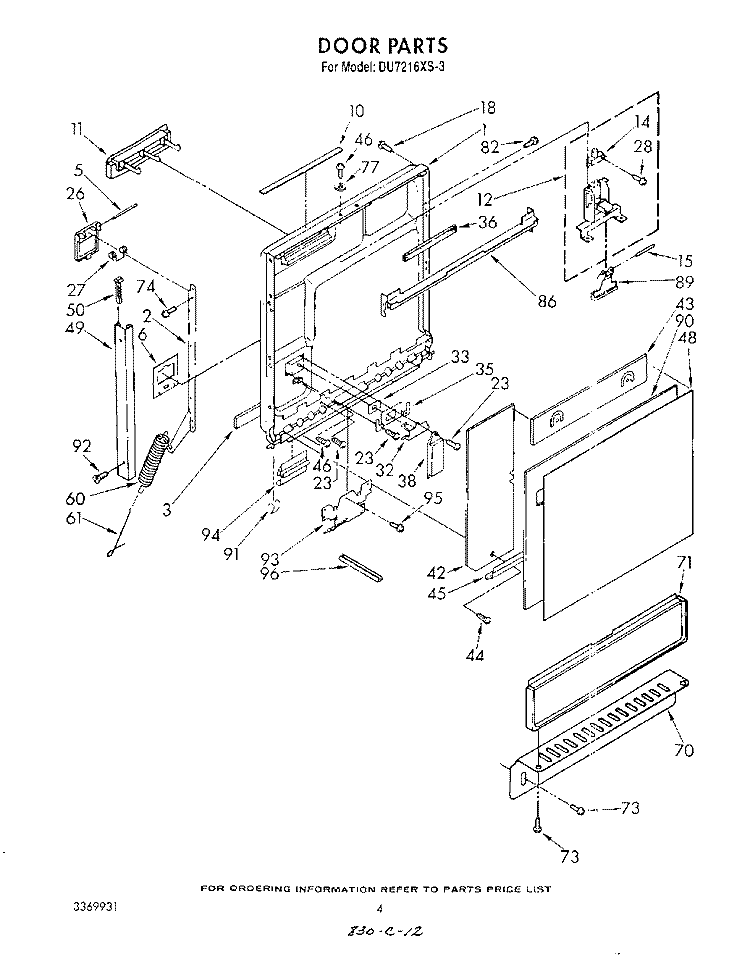 DOOR Diagram and Parts List for DU7216XS3  Whirlpool Dishwasher