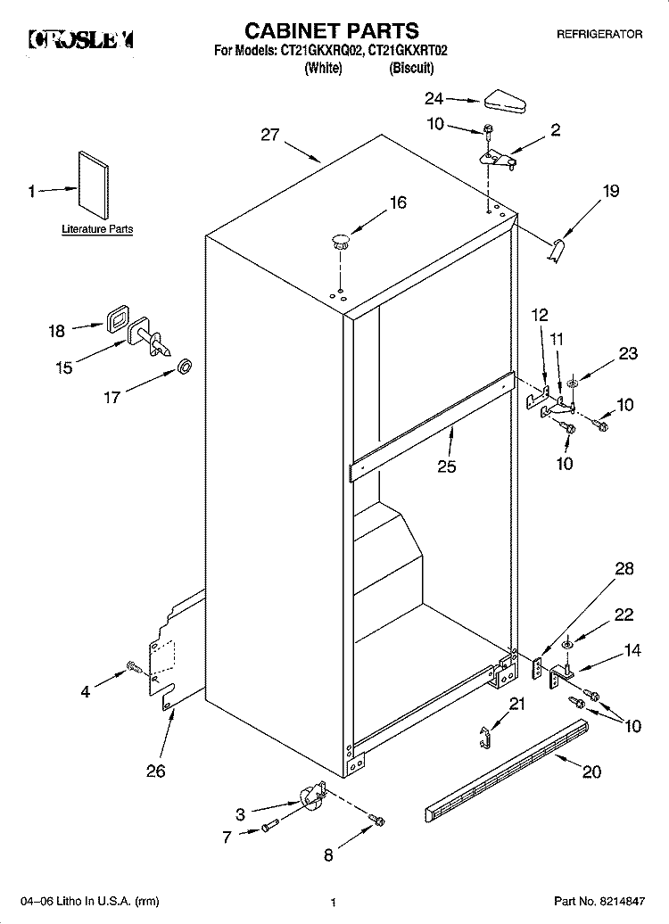 CABINET PARTS Diagram and Parts List for CT21GKXRT02  Crosley Refrigerator