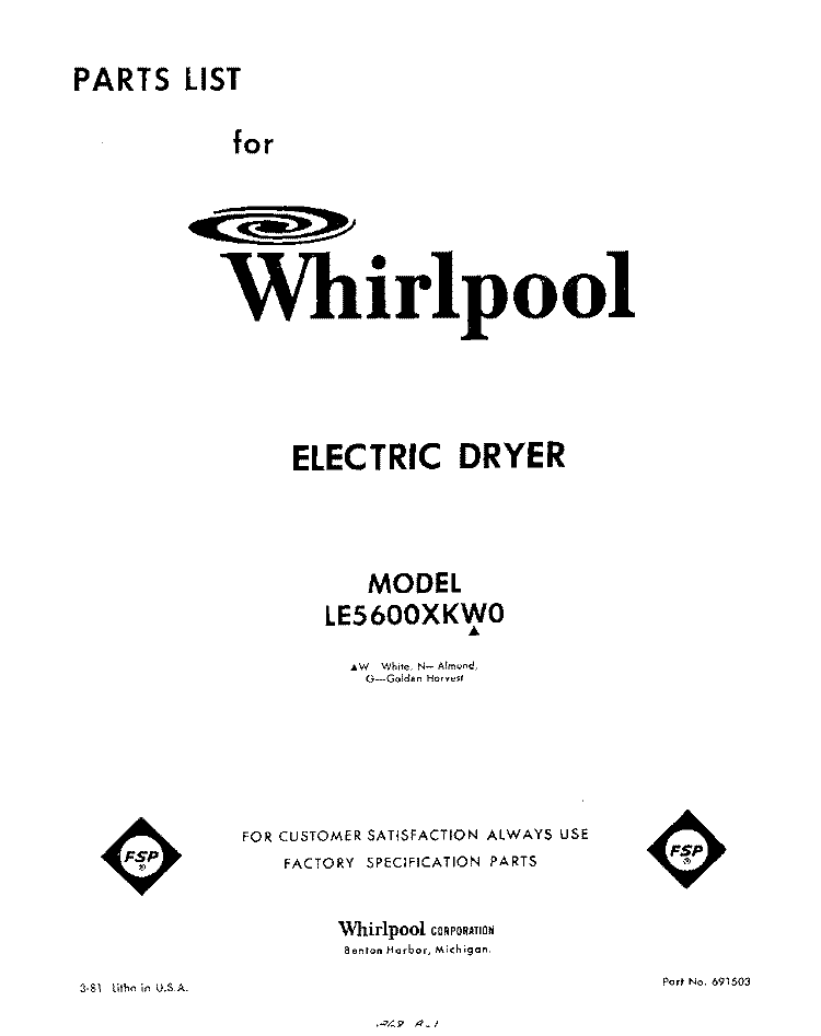 SECTION Diagram and Parts List for LE5600XKW0  Whirlpool Dryer