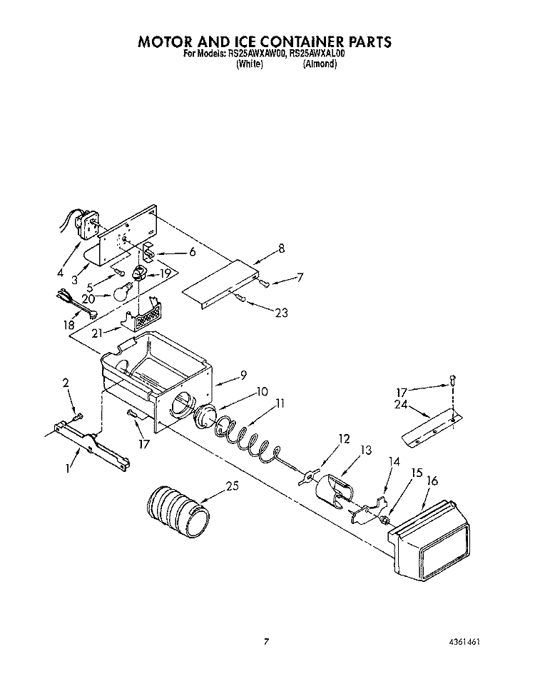 MOTOR AND ICE CONTAINER Diagram and Parts List for RS25AWXAW00  Roper Refrigerator