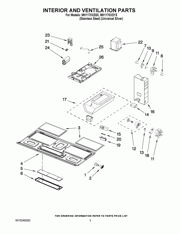 INTERIOR AND VENTILATION PARTS Diagram and Parts List for MH1170XSY5  Whirlpool Microwave