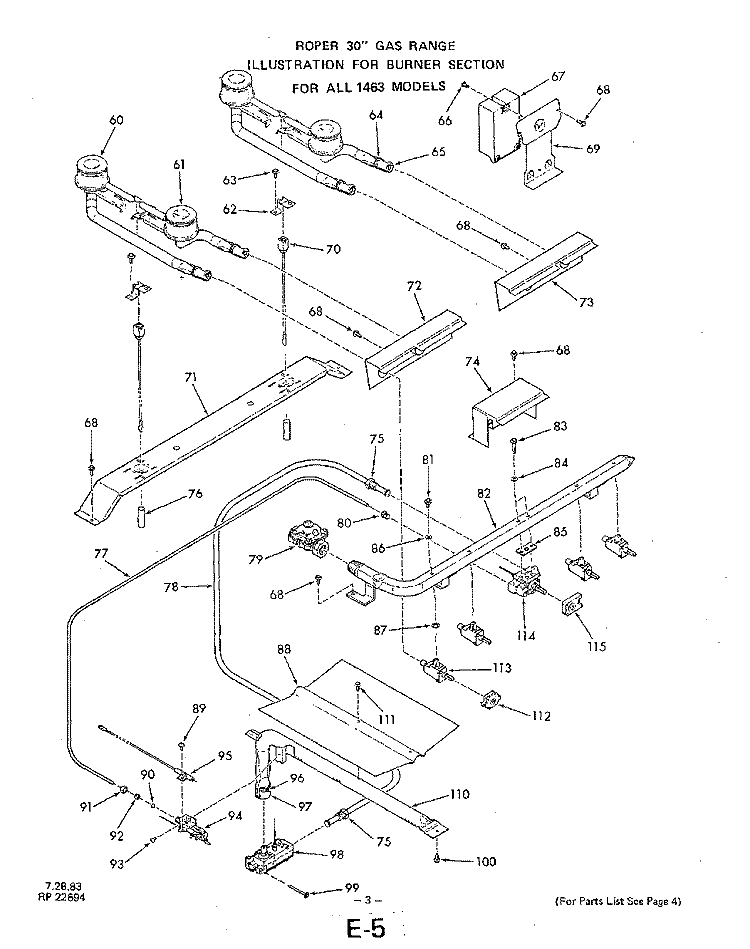 BURNER Diagram and Parts List for 1463W3A  Roper Range