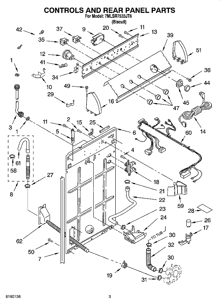 CONTROLS AND REAR PANEL PARTS Diagram and Parts List for 7MLSR7533JT6  Whirlpool Washer