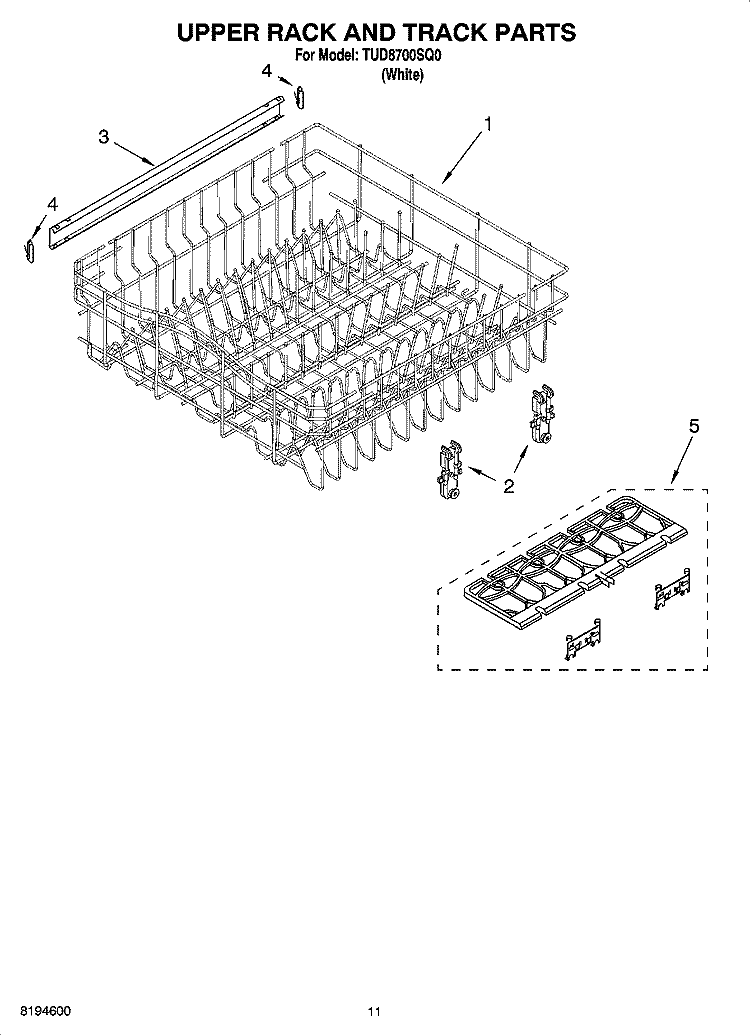 UPPER RACK AND TRACK PARTS Diagram and Parts List for TUD8700SQ0  Estate Dishwasher