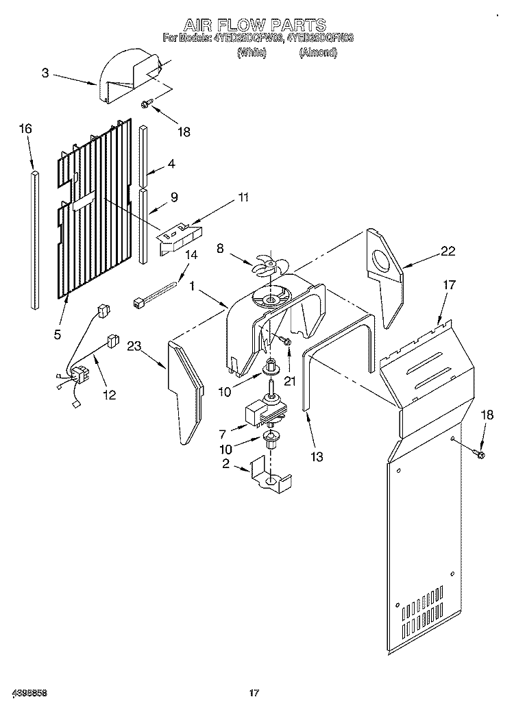 AIR FLOW Diagram and Parts List for 4YED25DQFN03  Whirlpool Refrigerator