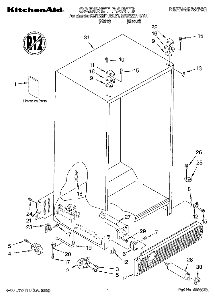 CABINET, LITERATURE Diagram and Parts List for KSRE22FHBT01  KitchenAid Refrigerator