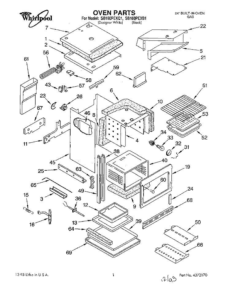 OVEN Diagram and Parts List for SB160PEXQ1  Whirlpool Wall Oven