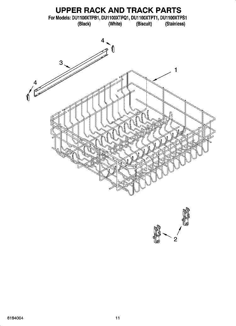 UPPER RACK AND TRACK PARTS Diagram and Parts List for DU1100XTPB1  Whirlpool Dishwasher
