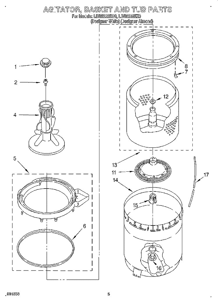 AGITATOR, BASKET AND TUB Diagram and Parts List for LBR5232EQ0  Whirlpool Washer