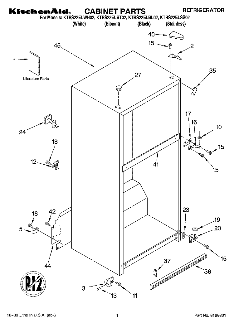 CABINET PARTS Diagram and Parts List for KTRS22ELWH02  KitchenAid Refrigerator