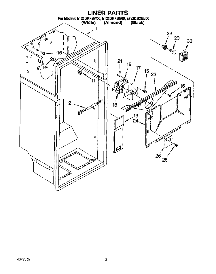 LINER Diagram and Parts List for ET22DMXBB00  Whirlpool Refrigerator