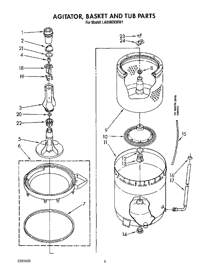 AGITATOR, BASKET AND TUB Diagram and Parts List for LA9580XWF1  Whirlpool Washer
