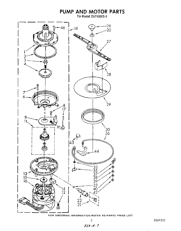 PUMP AND MOTOR Diagram and Parts List for DU7400XS0  Whirlpool Dishwasher