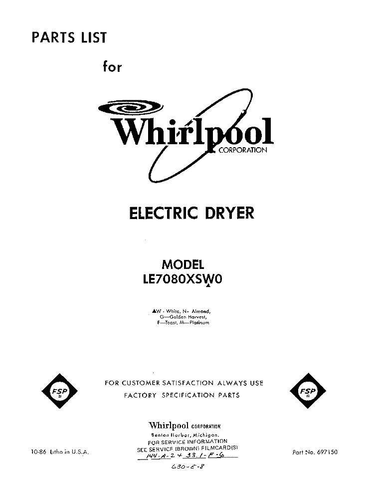 SECTION Diagram and Parts List for LE7080XSW0  Whirlpool Dryer