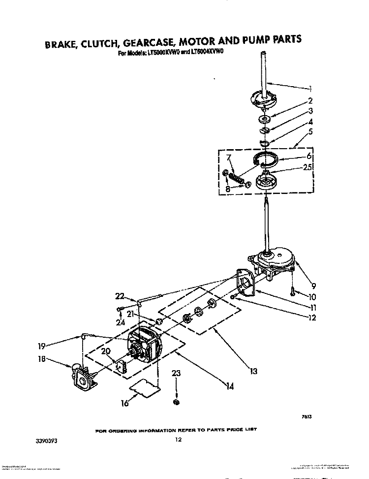 BRAKE, CLUTCH, GEARCASE, MOTOR AND PUMP Diagram and Parts List for LT5000XVW0  Whirlpool Washer Dryer Combo