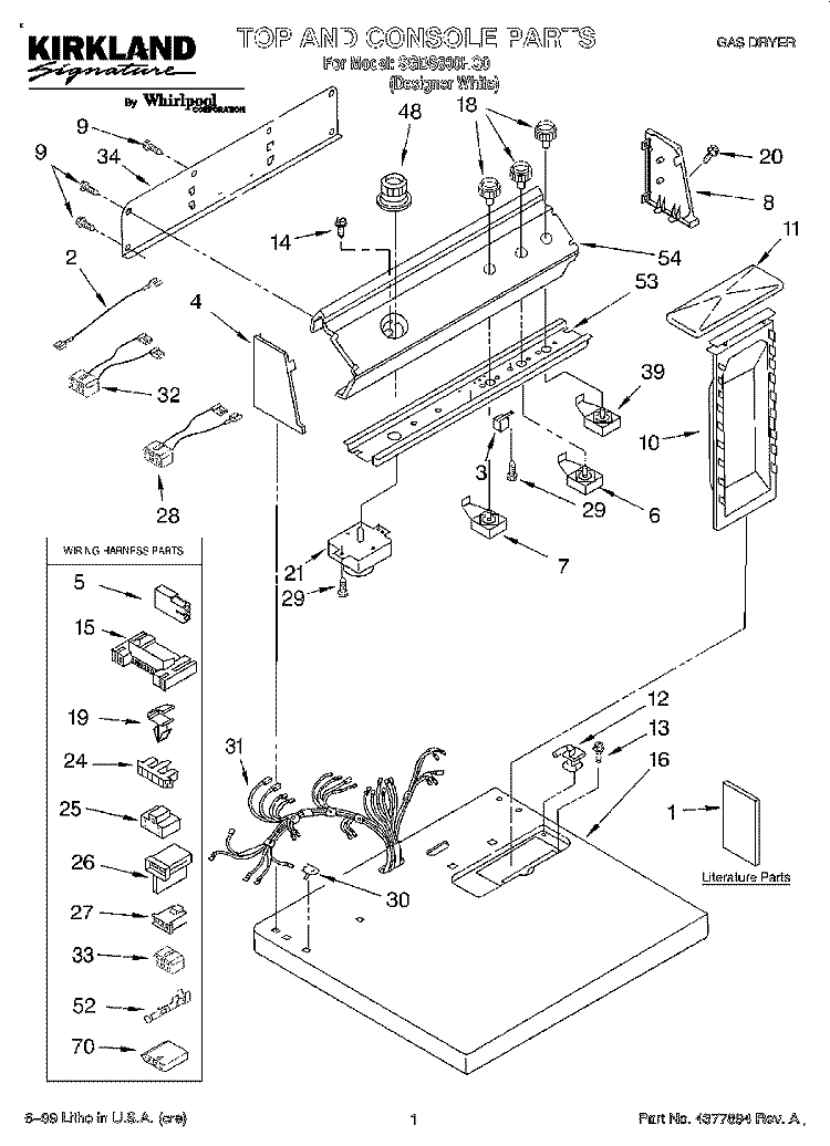 TOP AND CONSOLE, LIT/OPTIONAL Diagram and Parts List for SGDS800HQ0  Whirlpool Dryer