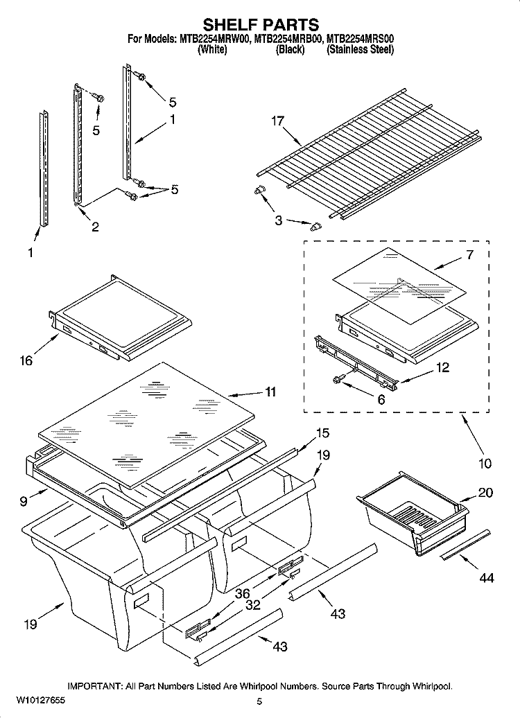 SHELF PARTS Diagram and Parts List for MTB2254MRS00  Whirlpool Refrigerator