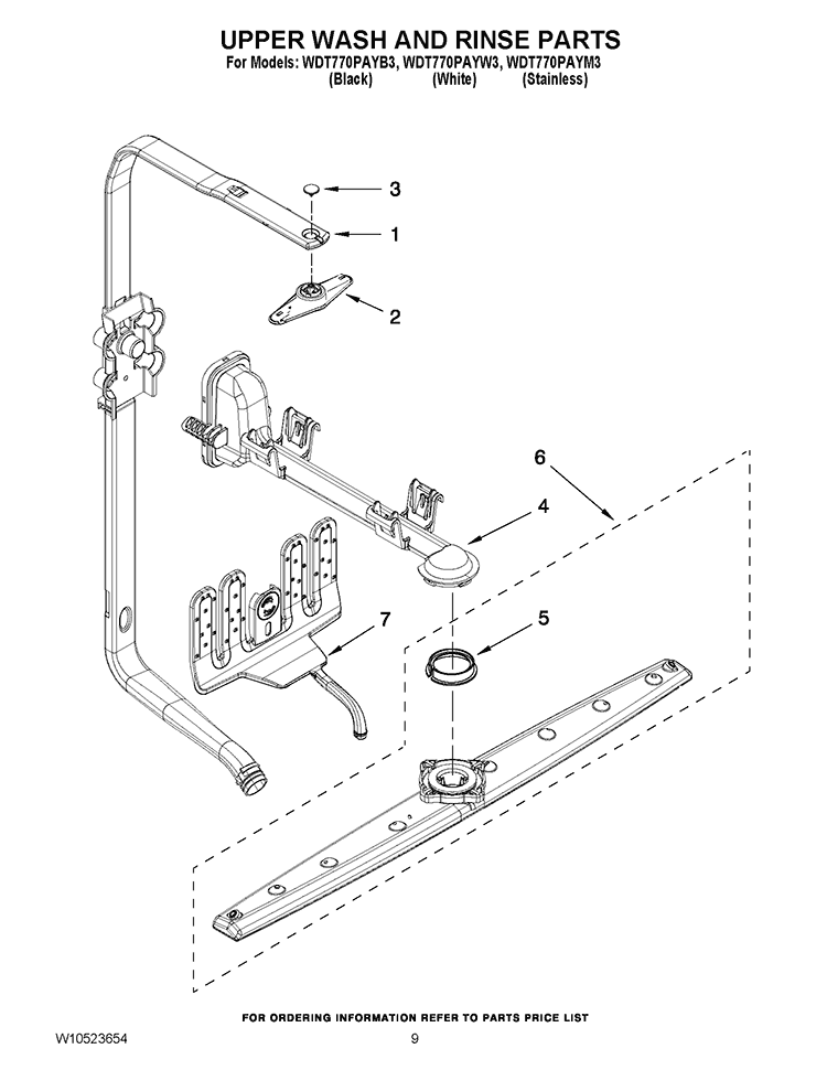 UPPER WASH AND RINSE PARTS Diagram and Parts List for WDT770PAYW3  Whirlpool Dishwasher