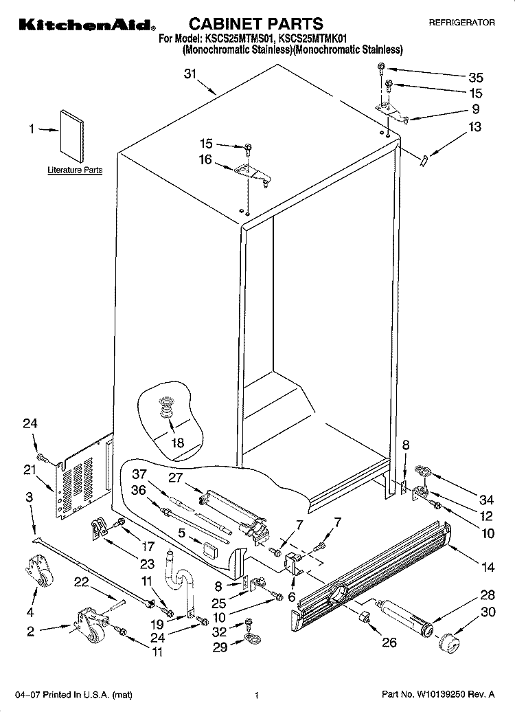 CABINET PARTS Diagram and Parts List for KSCS25MTMK01  KitchenAid Refrigerator