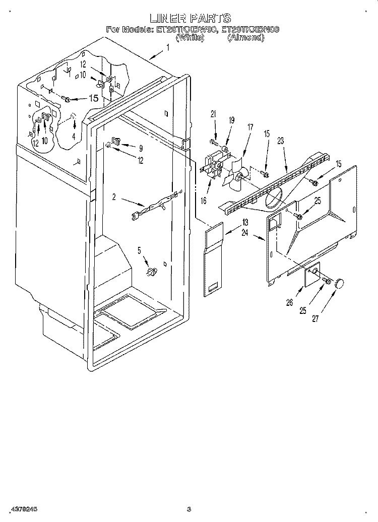 LINER Diagram and Parts List for ET20TKXBW00  Whirlpool Refrigerator