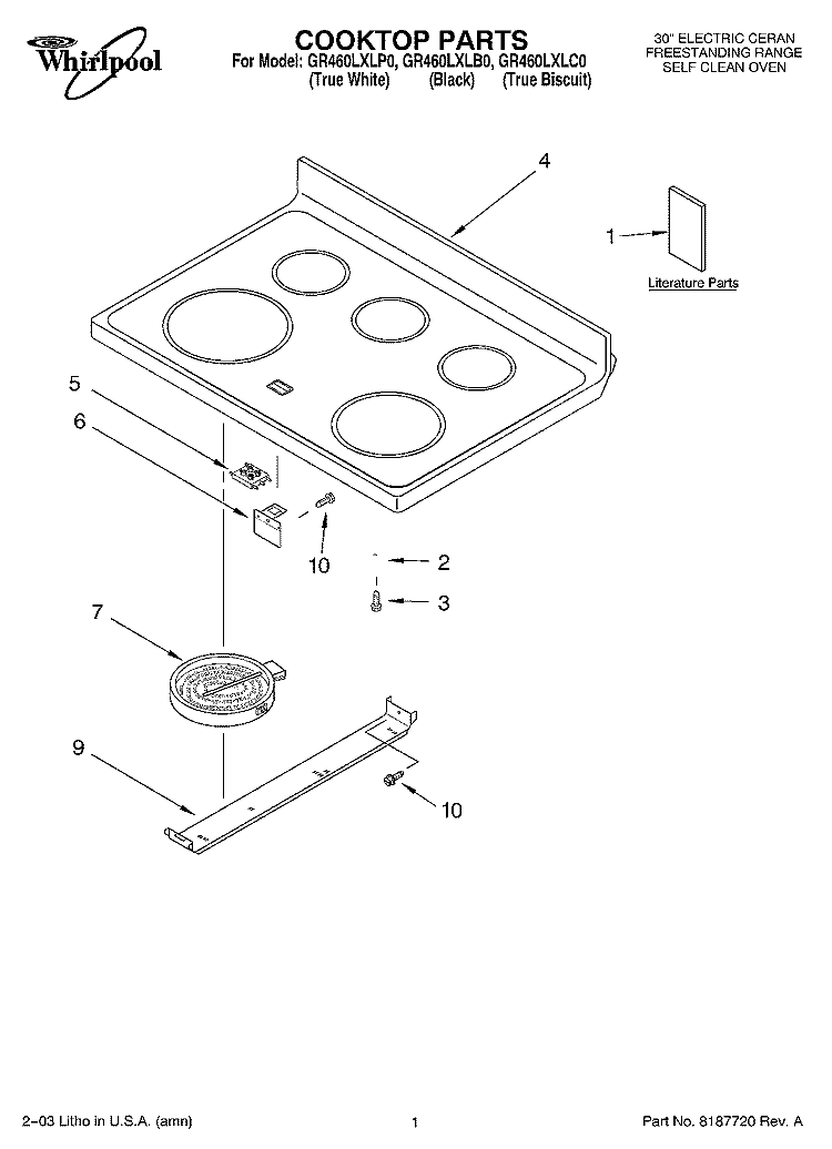 COOKTOP PARTS Diagram and Parts List for GR460LXLB0  Whirlpool Range