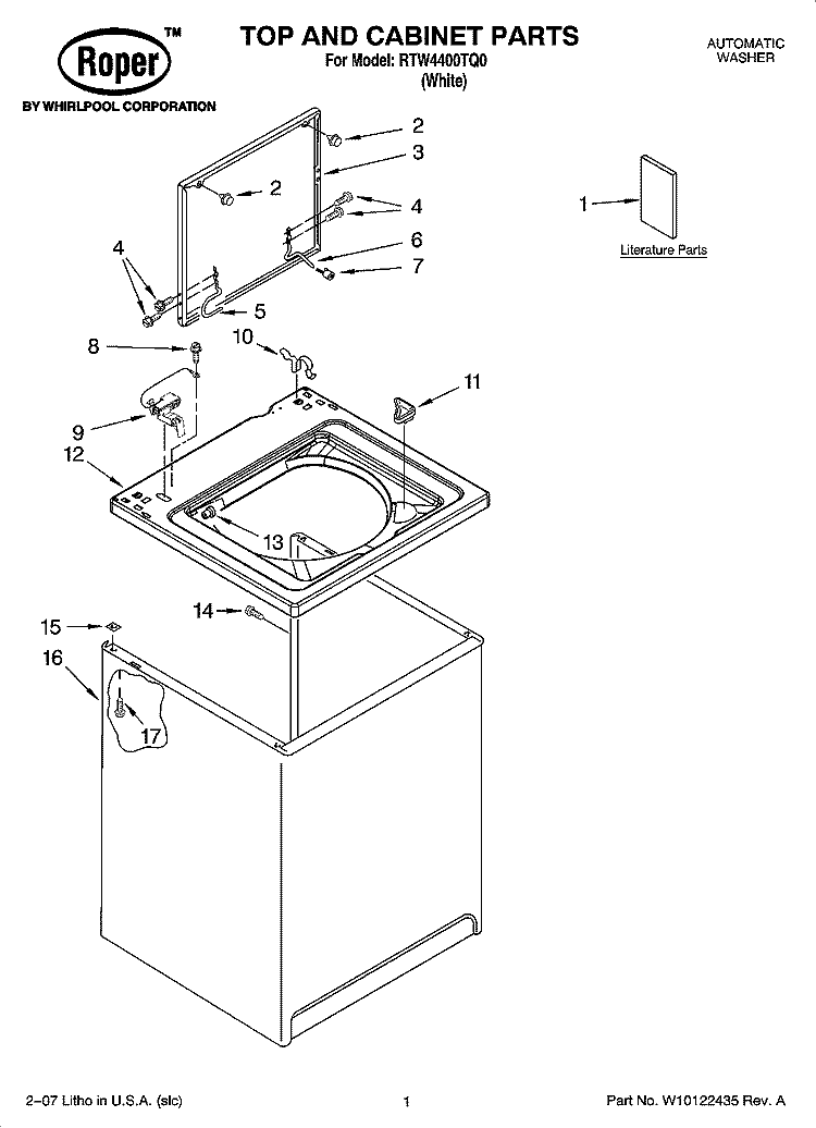 TOP AND CABINET PARTS Diagram and Parts List for RTW4400TQ0  Roper Washer