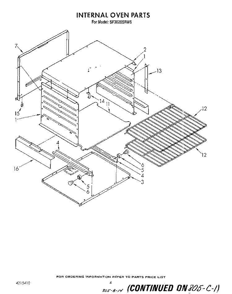 INTERNAL OVEN Diagram and Parts List for SF3020SRW5  Whirlpool Range