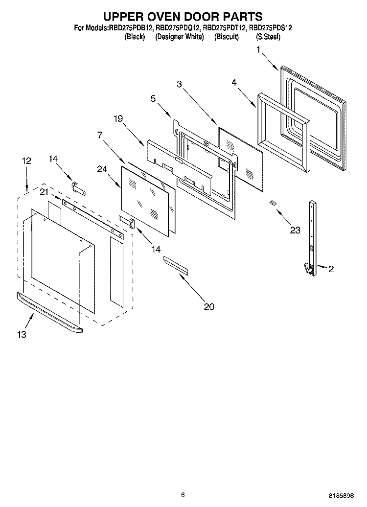 UPPER OVEN DOOR Diagram and Parts List for RBD275PDQ12  Whirlpool Wall Oven