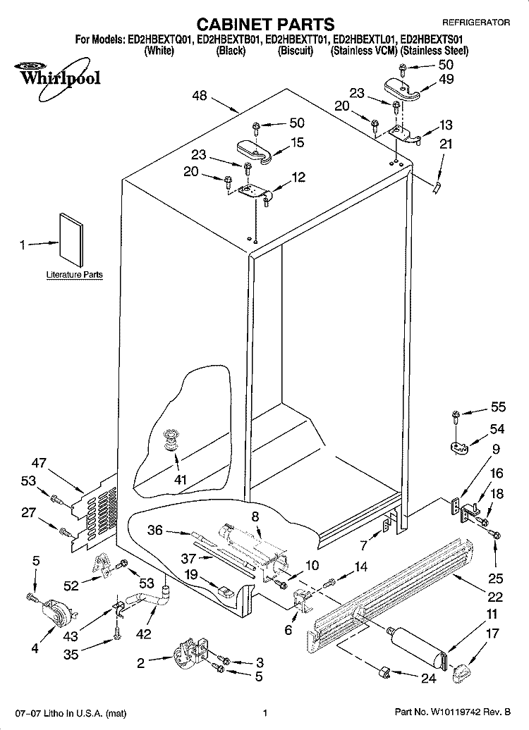 CABINET PARTS Diagram and Parts List for ED2HBEXTQ01  Whirlpool Refrigerator