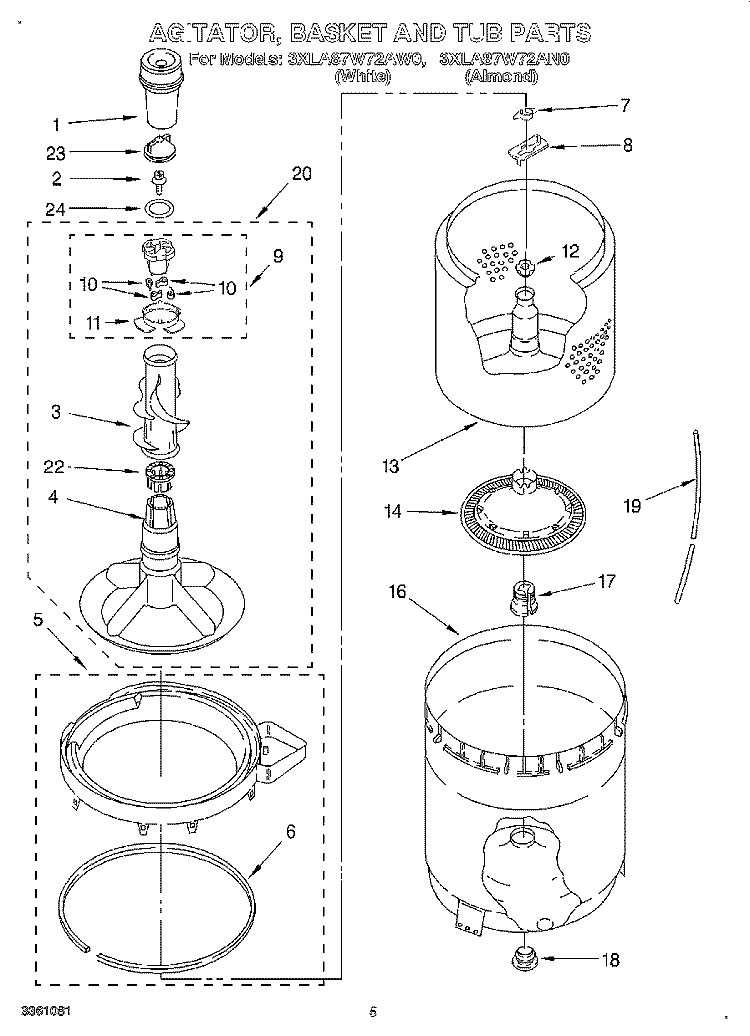 AGITATOR, BASKET AND TUB Diagram and Parts List for 3XLA87W72AW0  Whirlpool Washer