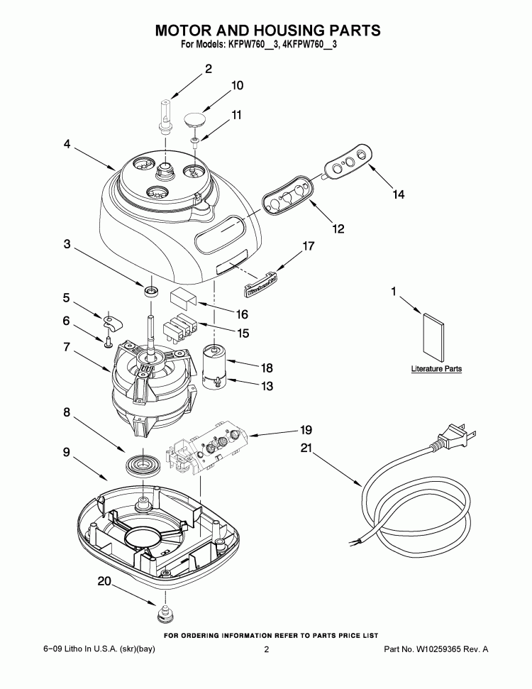MOTOR AND HOUSING PARTS Diagram and Parts List for 4KFPW760WH3  KitchenAid Food Processor