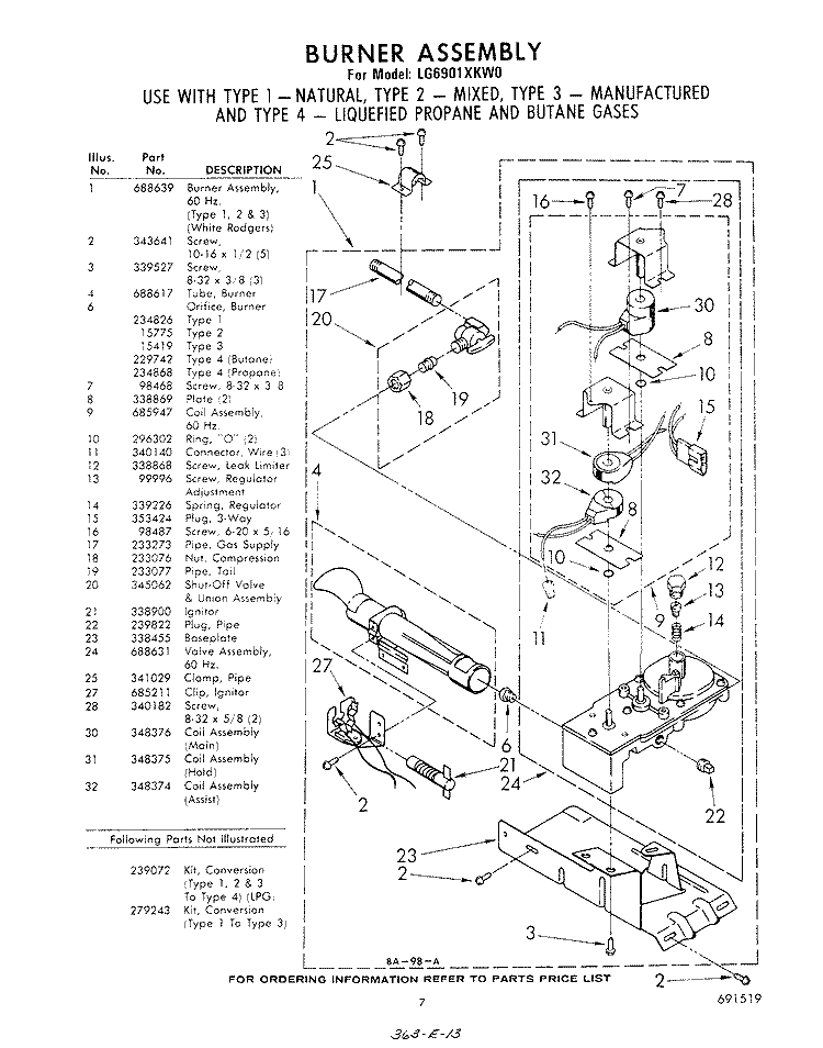 688639 BURNER Diagram and Parts List for LG6901XKW0  Whirlpool Dryer