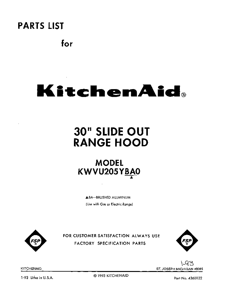 SECTION Diagram and Parts List for KWVU205YBA0  KitchenAid Range Hood