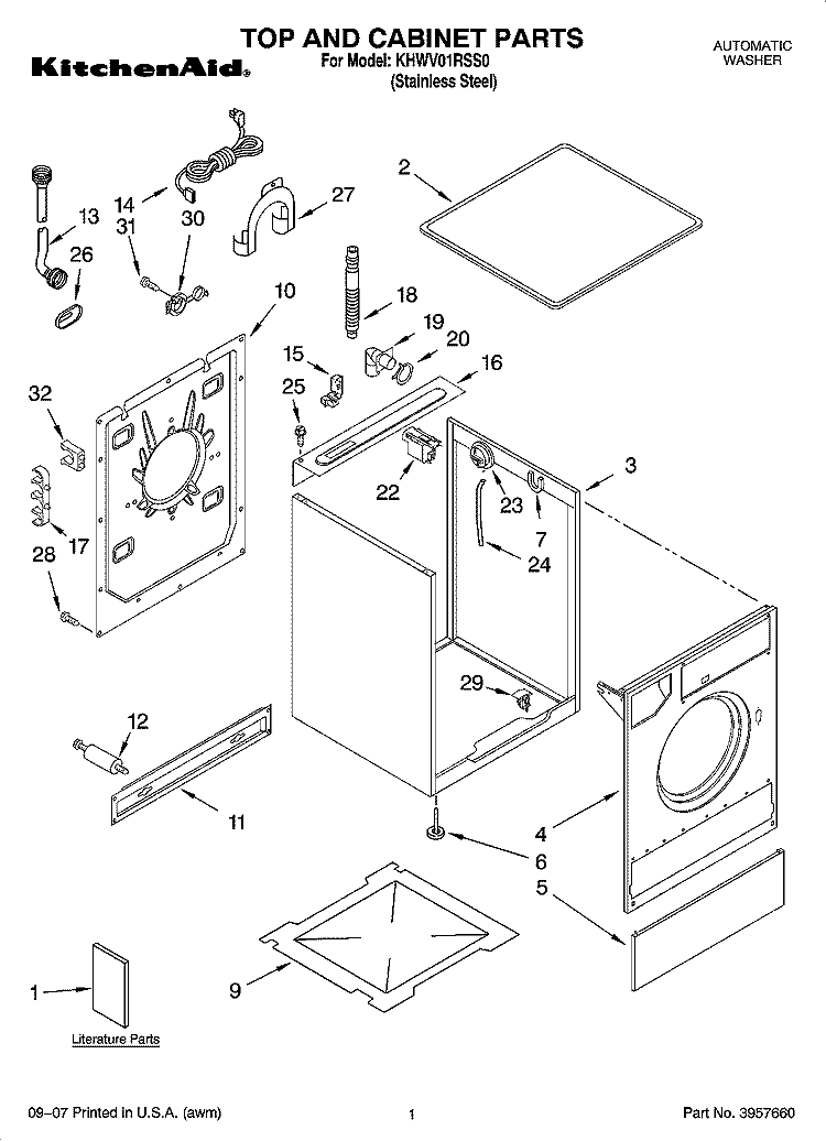 TOP AND CABINET PARTS Diagram and Parts List for KHWV01RSS0  KitchenAid Washer