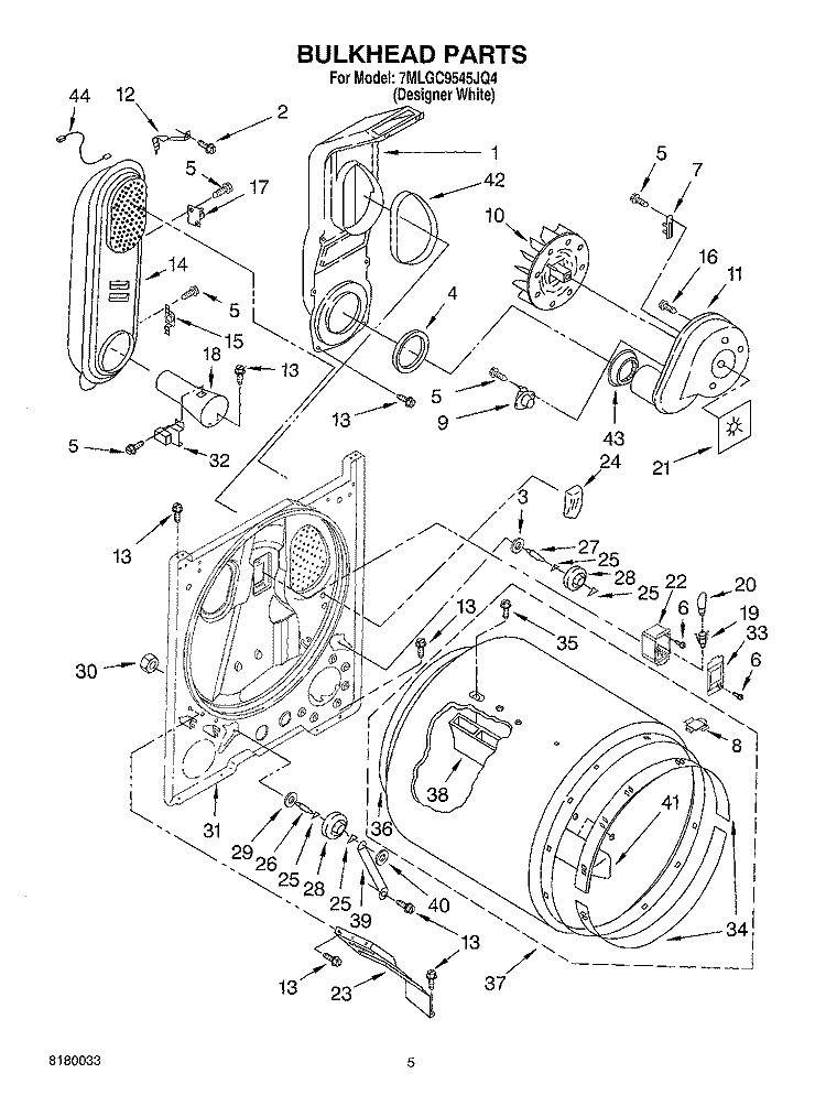BULKHEAD PARTS Diagram and Parts List for 7MLGC9545JQ4  Whirlpool Dryer